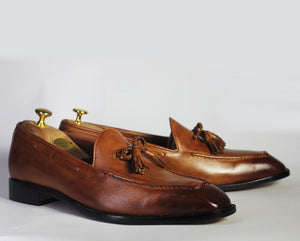 Bespoke Brown Leather Tussle Loafer Shoe for Men - leathersguru