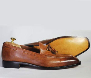 Handmade Brown Tussles Leather Loafers For Men's - leathersguru