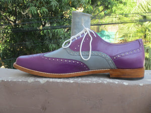 Bespoke Purple Gray Leather Wing Tip Shoes for Men's - leathersguru