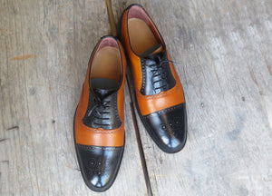 Bespoke Black and Tan  Leather Cap Toe Lace Up Shoe for Men - leathersguru