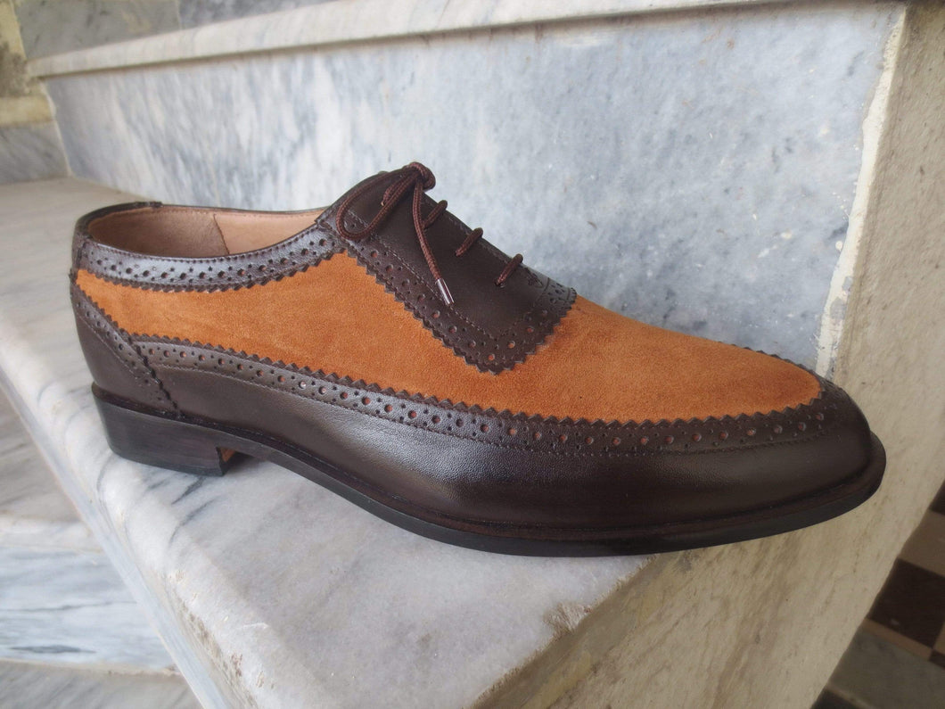 Handmade Men's Black Brown Leather Suede Round Toe Shoes - leathersguru