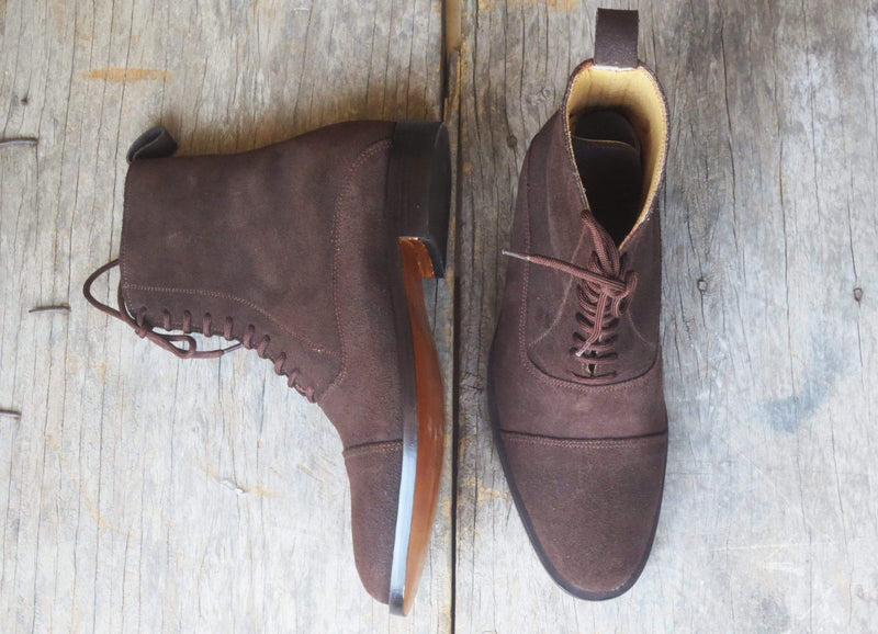 Handmade Men's Ankle High Brown Suede Cap Toe Boot - leathersguru