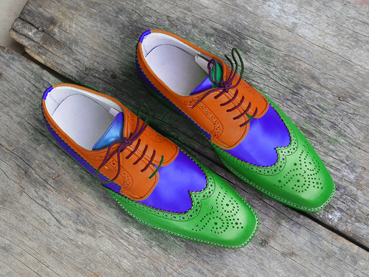 Bespoke Multi Color Leather Wing Tip Brogue Toe Shoe for Men's - leathersguru