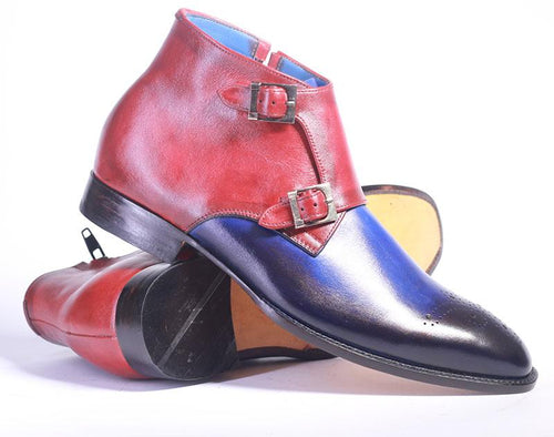 Bespoke Burgundy Blue Chukka Leather Monk Strap Boots - leathersguru
