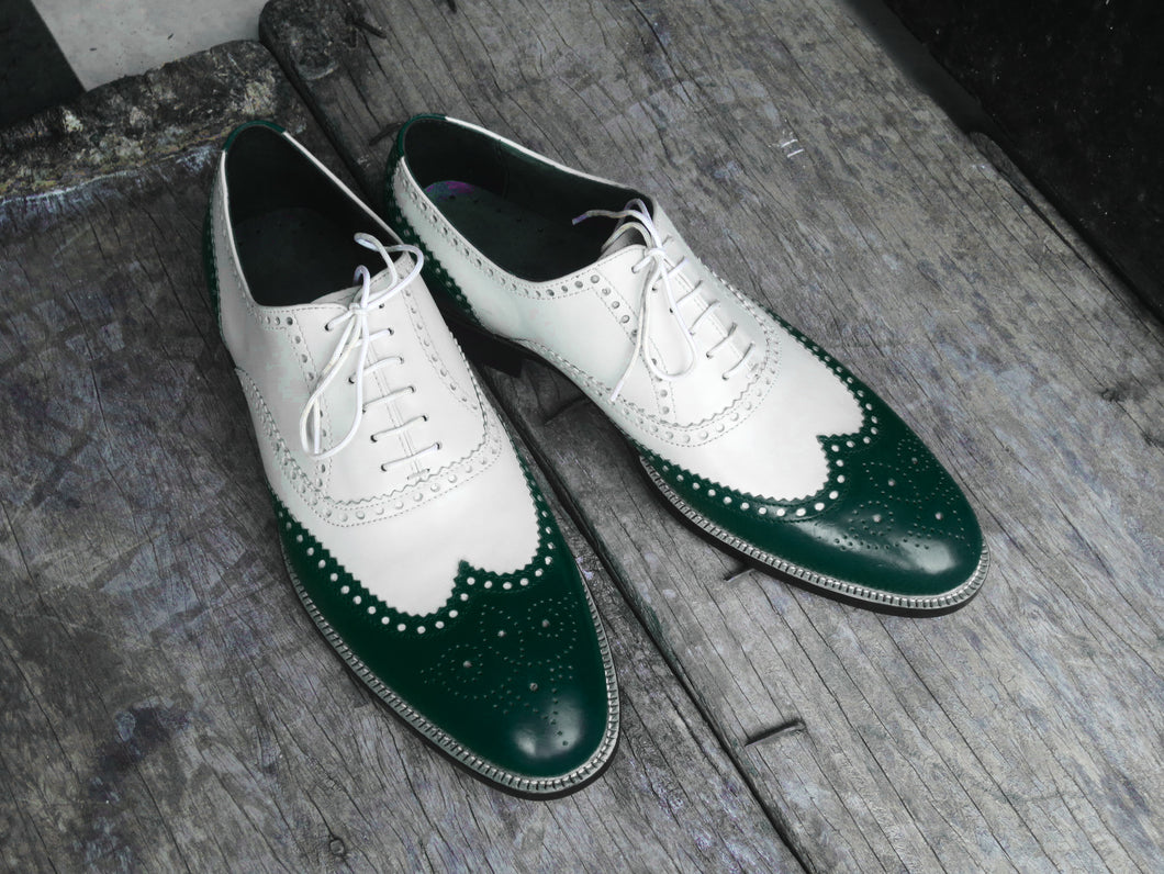 Bespoke Green White Leather Wing Tip Lace Up Shoe for Men - leathersguru