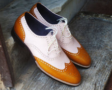 Load image into Gallery viewer, Bespoke Tan and White Leather Wing Tip Lace Up Shoes for Men&#39;s - leathersguru
