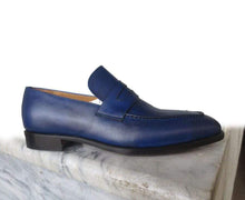 Load image into Gallery viewer, Handmade Blue Penny Loafers Slip On Shoe - leathersguru
