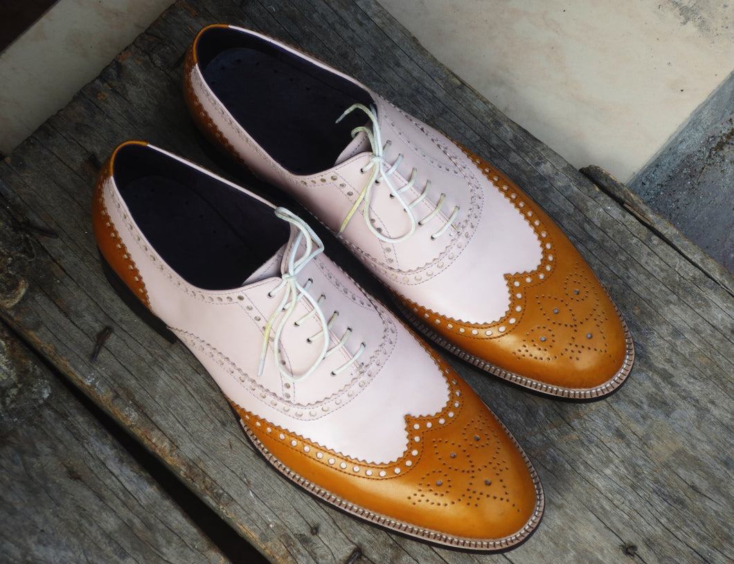 Bespoke Tan and White Leather Wing Tip Lace Up Shoes for Men's - leathersguru