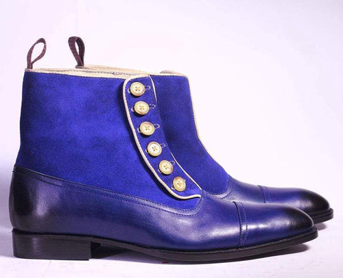 Men's Ankle Blue Button Top Leather Suede Boot - leathersguru