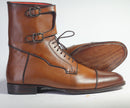 Bespoke Brown Leather Ankle High Monk Strap Lace Up Boots - leathersguru