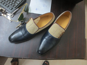 Bespoke Black Beige Loafer Leather Suede Button Top Shoe for Men - leathersguru
