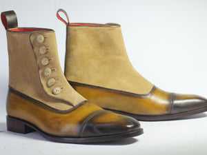 Bespoke Tan Beige Leather Suede Ankle Button Top Boots - leathersguru