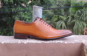 Handmade Tan Leather Derby Lace Up Shoes - leathersguru