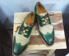 Load image into Gallery viewer, Bespoke Green Beige Leather Suede Wing Tip Shoe for Men - leathersguru
