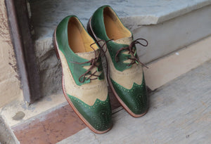 Bespoke Green Beige Leather Suede Wing Tip Shoe for Men - leathersguru