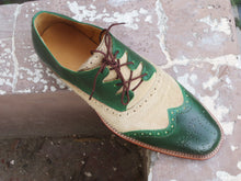 Load image into Gallery viewer, Bespoke Green Beige Leather Suede Wing Tip Shoe for Men - leathersguru
