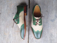 Load image into Gallery viewer, Men&#39;s Beige Green Leather Suede Wing Tip Brogue Shoes - leathersguru
