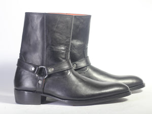 Bespoke Black Leather Mat-rid Strap High Ankle Boots - leathersguru