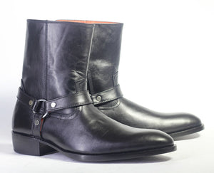 Bespoke Black Leather Mat-rid Strap High Ankle Boots - leathersguru