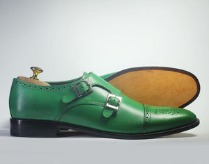Bespoke Green Leather Double Monk Strap Shoe for Men - leathersguru