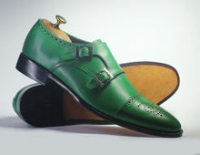 Load image into Gallery viewer, Bespoke Green Leather Double Monk Strap Shoe for Men - leathersguru
