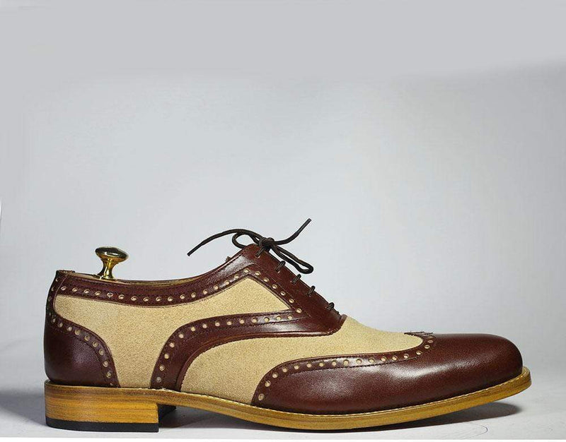 Men's Brown Beige Wing Tip Lace Up Leather Suede Shoe - leathersguru
