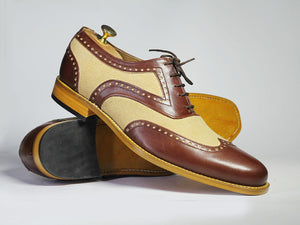 Bespoke Brown Beige Leather Suede Wing Tip Lace up Shoe for Men - leathersguru