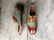 Load image into Gallery viewer, Handmade Men&#39;s Brown Green Leather Suede  Cap Toe Shoes - leathersguru
