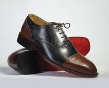 Load image into Gallery viewer, Bespoke Brown Black Leather Cap Toe Lace up Shoe for Men - leathersguru
