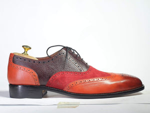 Men's Multi Color Leather Suede Wing Tip Lace Up  Shoe - leathersguru