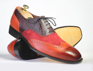 Bespoke Multi Color Leather Suede Wing Tip Lace up Shoe for Men's - leathersguru