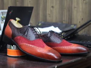 Men's Multi Color Leather Suede Wing Tip Lace Up  Shoe - leathersguru