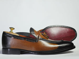 Bespoke Tan Black Tussle Loafer Leather  Shoes for Men's - leathersguru