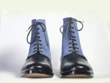 Load image into Gallery viewer, Ankle Black Blue Cap Toe Lace Up Leather Suede Boots - leathersguru

