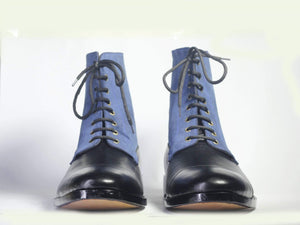 Ankle Black Blue Cap Toe Lace Up Leather Suede Boots - leathersguru