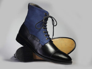 Ankle Black Blue Cap Toe Lace Up Leather Suede Boots - leathersguru
