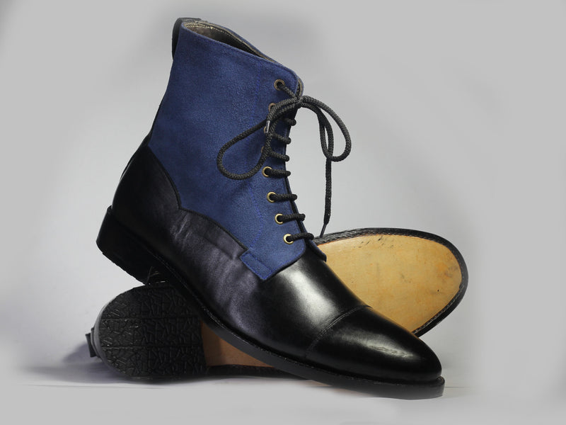 Bespoke Black Blue Leather Suede Ankle High Lace Up Boots - leathersguru