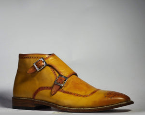 Handmade Ankle Tan Double Monk Leather Boots - leathersguru