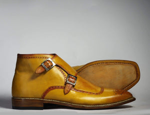 Handmade Ankle Tan Double Monk Leather Boots - leathersguru