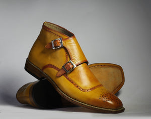 Bespoke Yellow Chukka Leather Double Monk Strap Boots - leathersguru