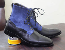 Load image into Gallery viewer, Ankle Black Blue Cap Toe Lace Up Leather Suede Boots - leathersguru
