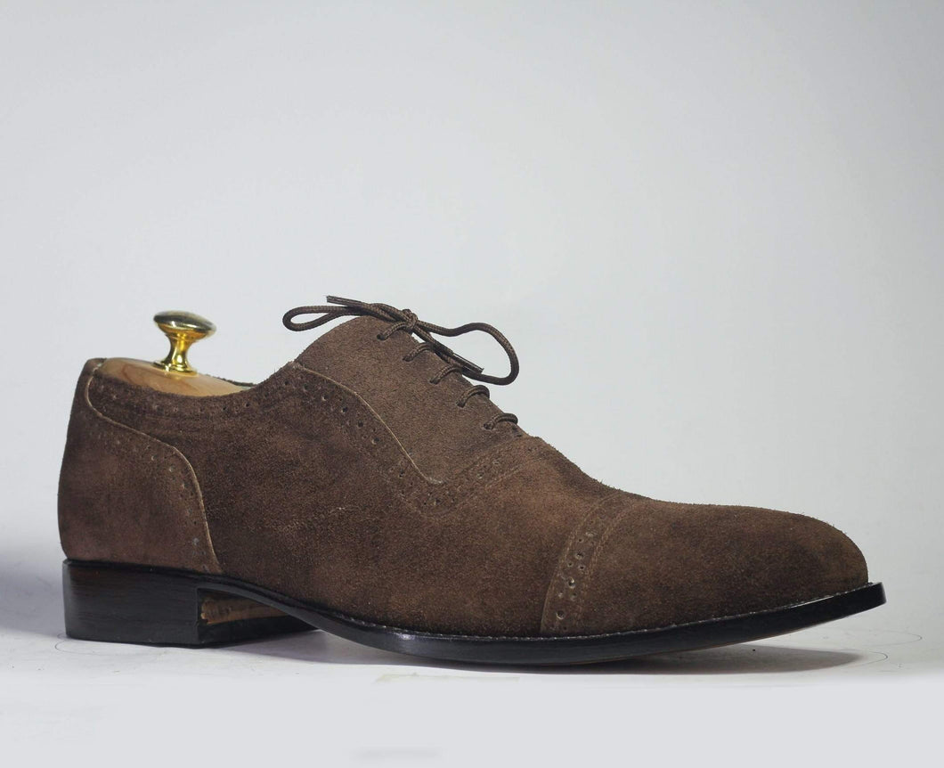 Men's Brown Cap Toe Lace Up Suede Shoe - leathersguru