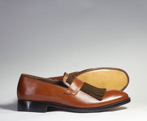 Bespoke Brown Leather Fringe Loafer Shoe for Men - leathersguru