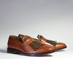 Bespoke Brown Leather Fringe Loafer Shoe for Men - leathersguru