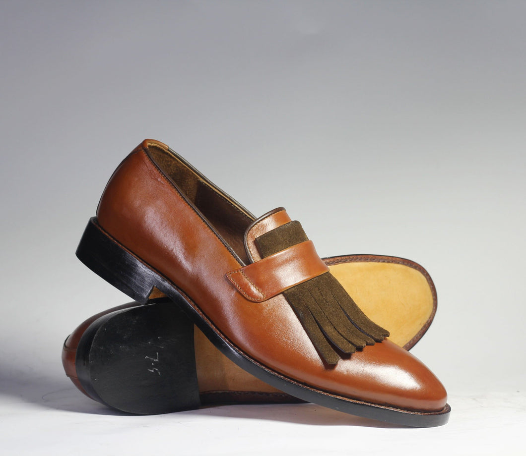 Bespoke Gray Brown Fringe Loafer Leather Shoe for Men - leathersguru