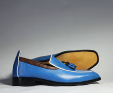Load image into Gallery viewer, Bespoke Sky Blue Leather Tussle Loafer Shoes for Men&#39;s - leathersguru
