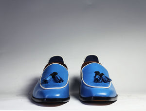 Bespoke Sky Blue Leather Tussle Loafer Shoes for Men's - leathersguru