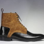 Load image into Gallery viewer, Bespoke Black Beige Leather Suede Ankle Lace Up Boots - leathersguru
