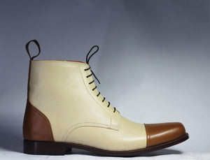 Ankle Brown White Cap Toe Lace Up Leather Boots - leathersguru