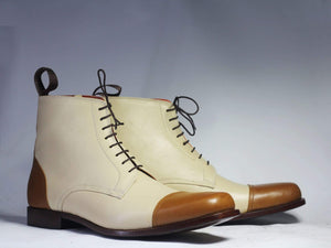 Ankle Brown White Cap Toe Lace Up Leather Boots - leathersguru